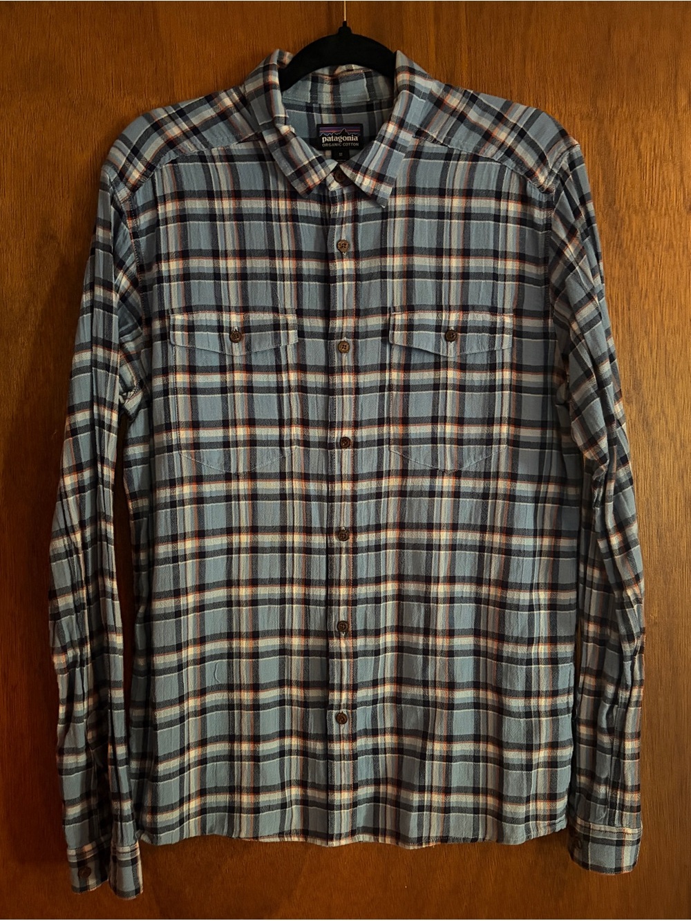 Patagonia Men’s Light Blue and Brown Plaid Button-Down Shirt
